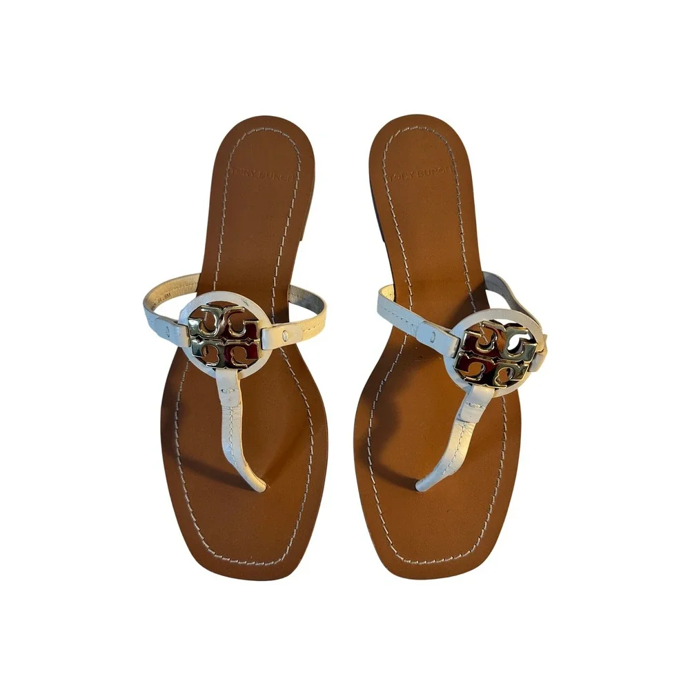Tory Burch Mini Miller Leather Thong Sandals Size 8M Dulce De Leche Metal Logo‎